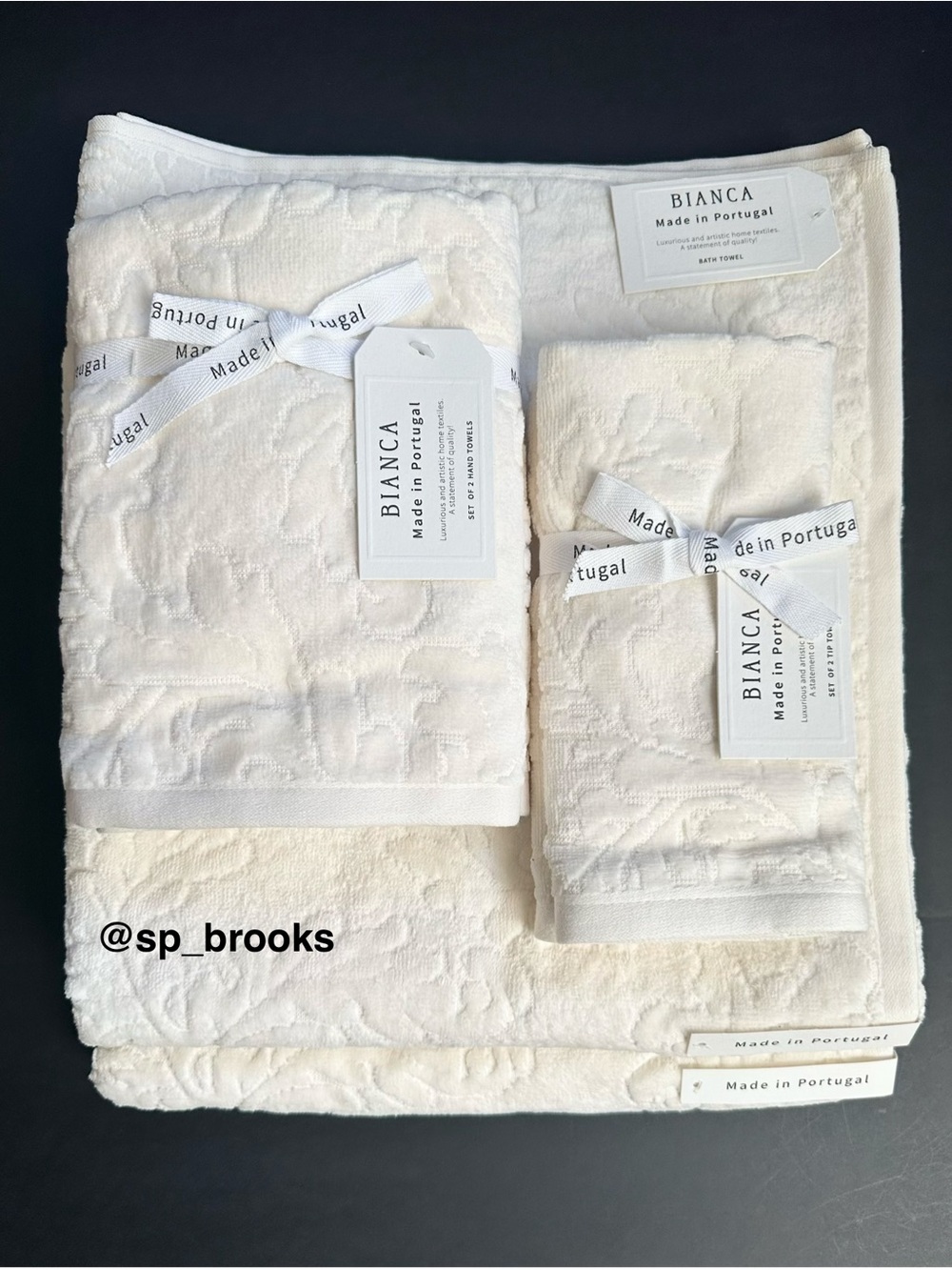 🎁6PC BIANCA Bath Towel Set - Embossed Off White Velour Leaf Pattern - Cotton